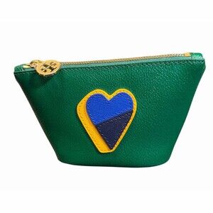 Tory Burch Kerrington Zip Pouch  Green Heart Applique Trapeze